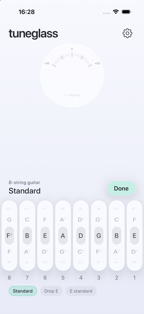 Tuning editor with a wheel for each of eight strings